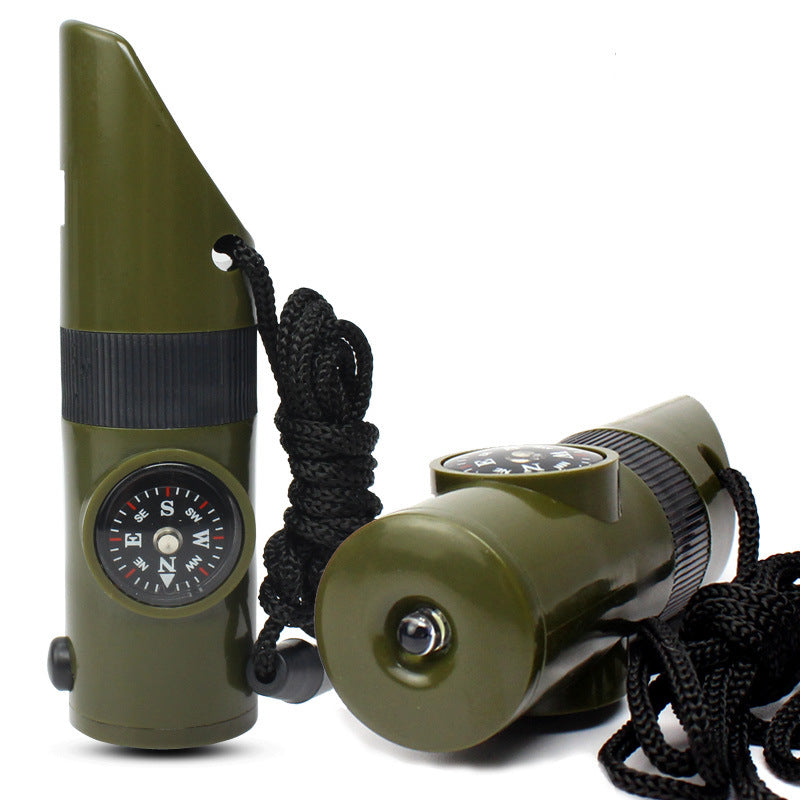 Multifunction Survival Whistle Compass Thermometer Mirror Torch